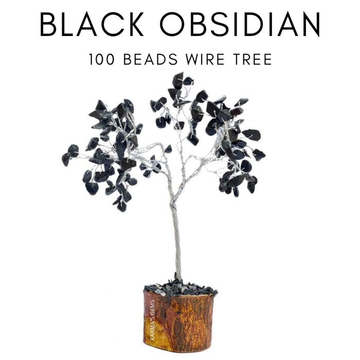 100 Perlen aus schwarzem Obsidian, Steindraht, Baum
