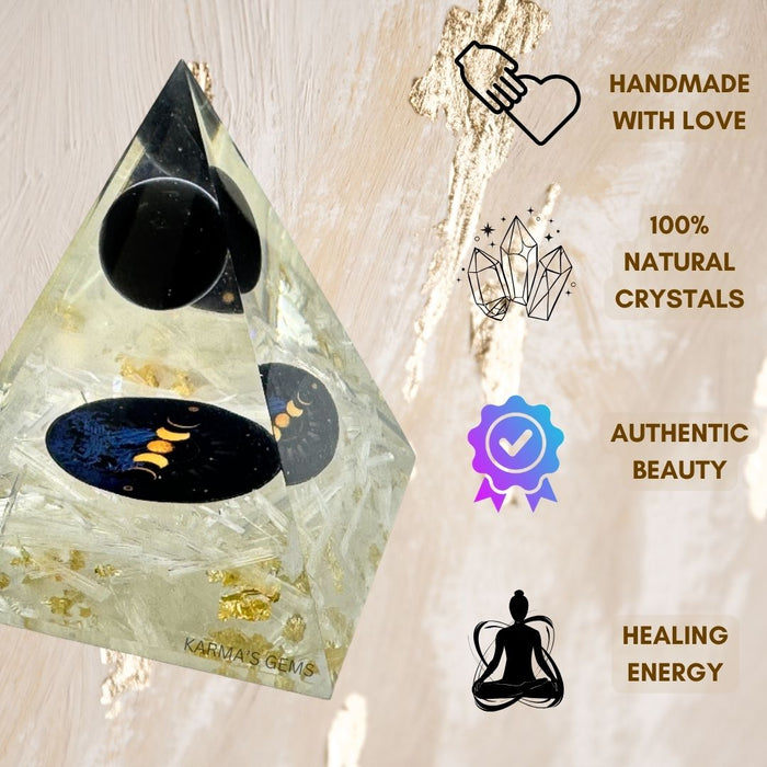SUN, MOON SELENITE ORGONITE PYRAMID