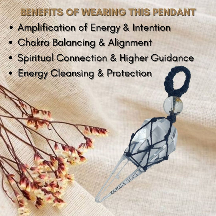 CLEAR QUARTZ STONE THREAD WRAPPED PENDULUM PENDANT