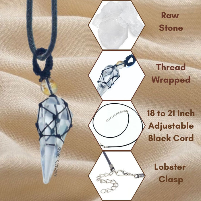CLEAR QUARTZ STONE THREAD WRAPPED PENDULUM PENDANT