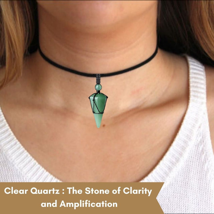 CLEAR QUARTZ STONE THREAD WRAPPED PENDULUM PENDANT